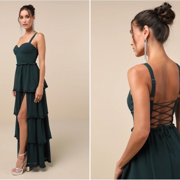 LULU's Sexy Prom Special Event Wedding Flowy Chiffon Corset Tie Back Maxi Gown - Picture 3 of 4